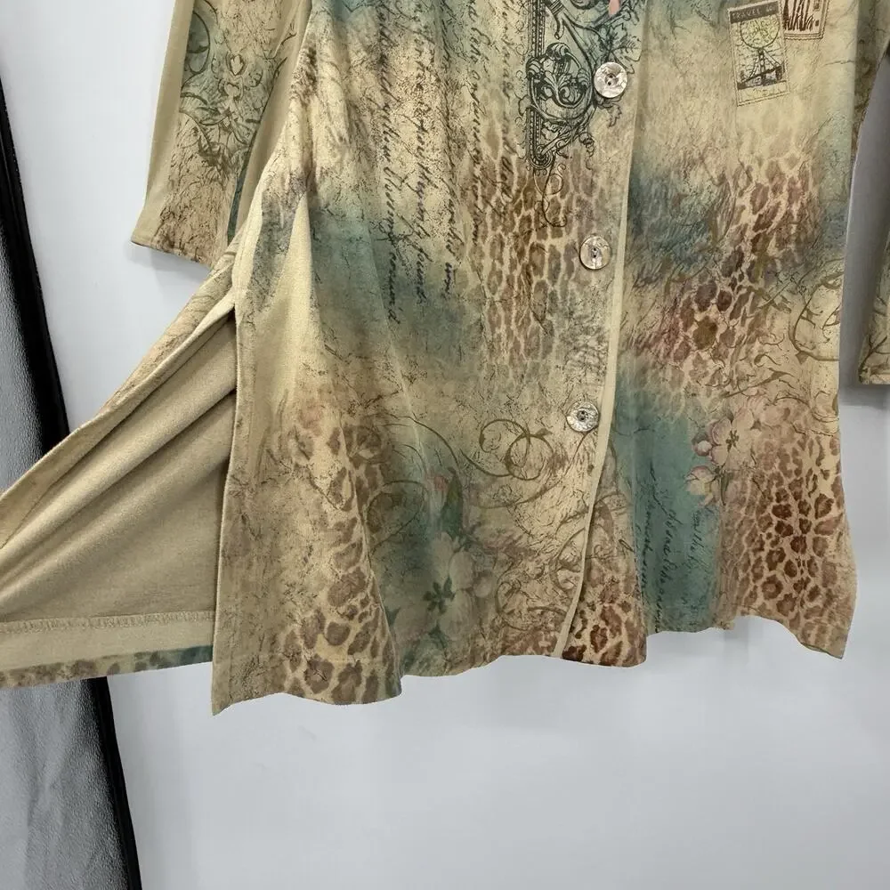Faux Suede Butterfly Cat Print Tunic Top Women size Medium Button Up Y2K Artsy - Picture 8 of 11